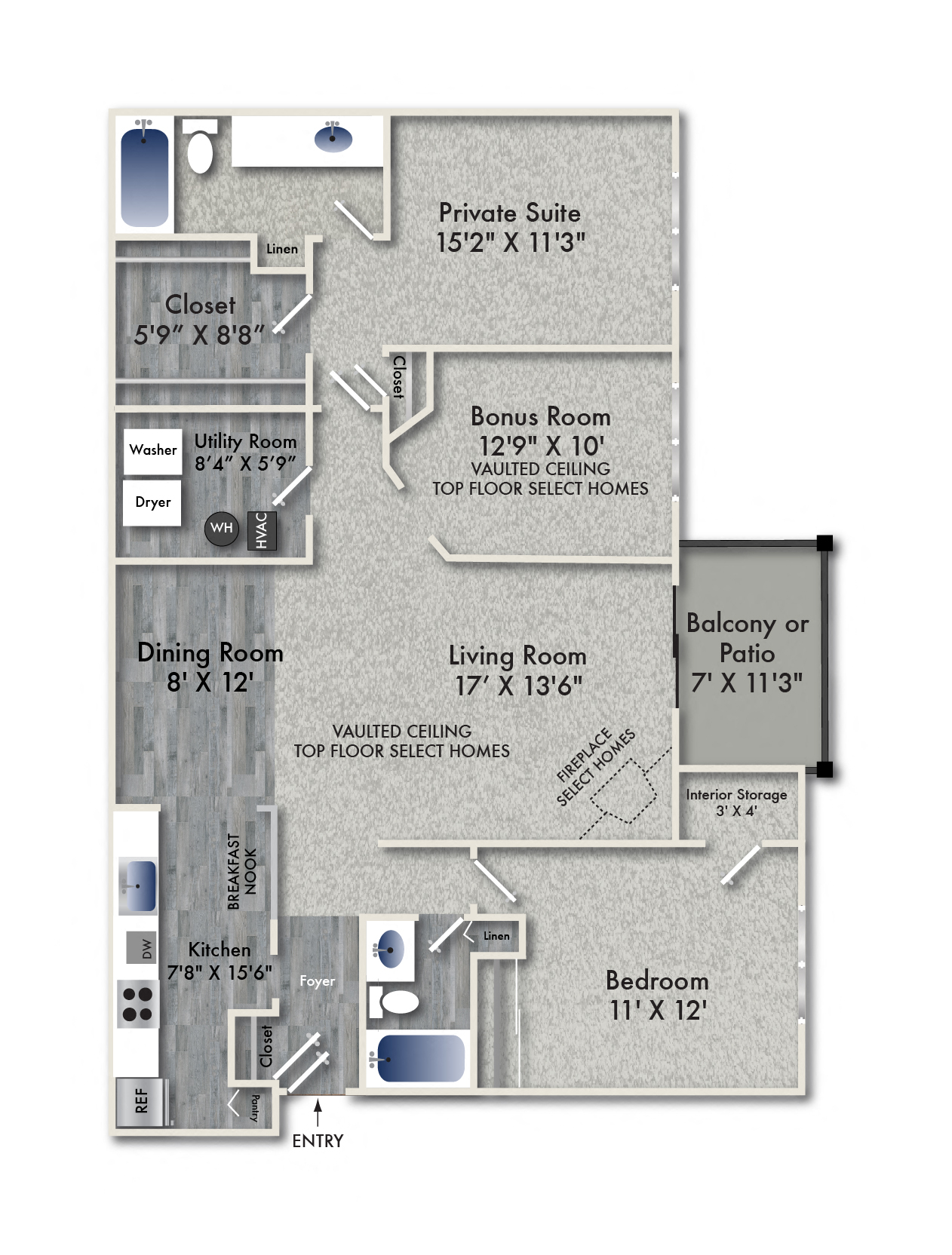 Floor plan for 2 beds, 2 baths, 1332 sqft